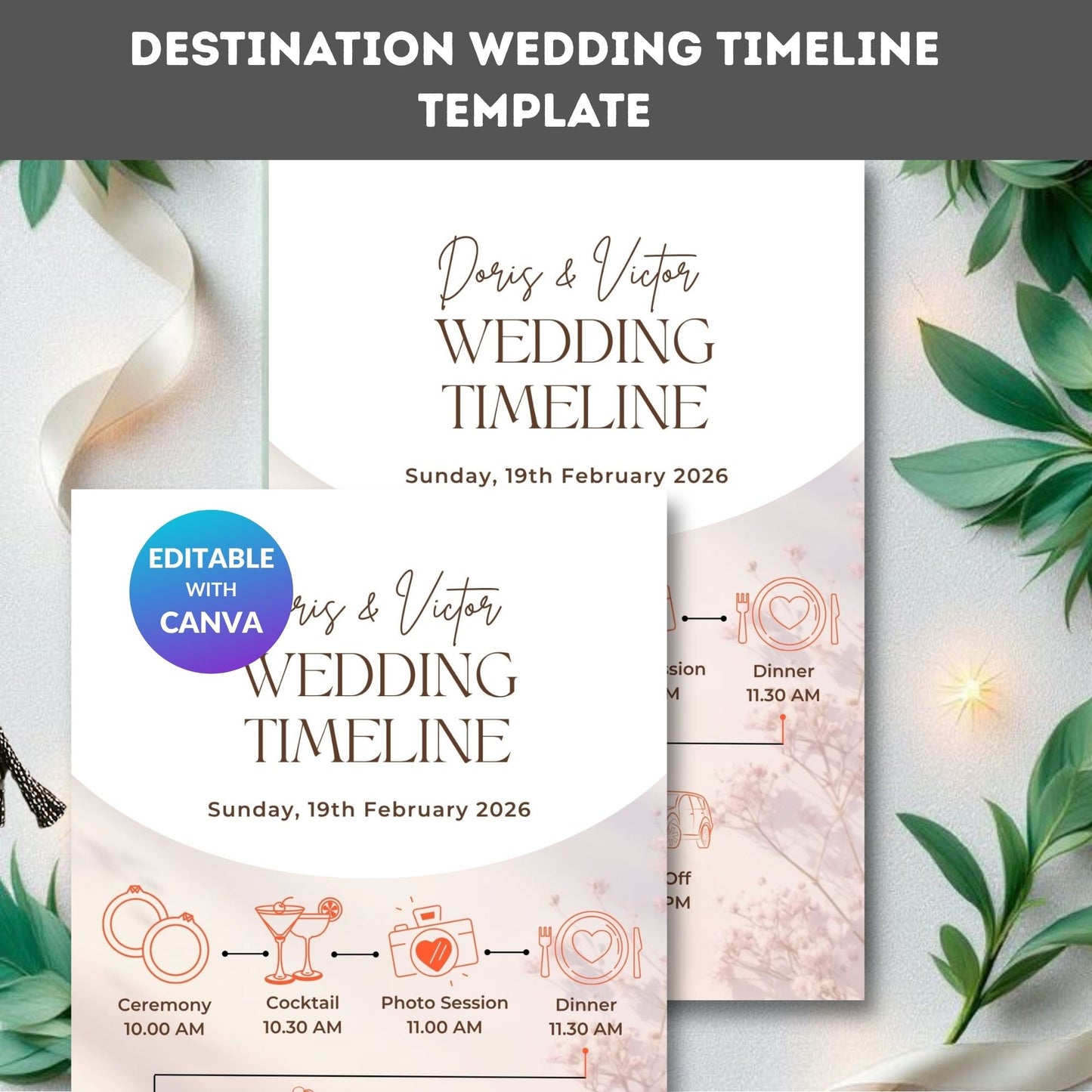 Destination Wedding Timeline Template – Editable Itinerary Card, Canva PDF | Instant Download