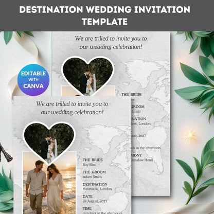 Destination Wedding Invitation Template – Editable Canva Design, Tropical Beach Theme | Digital Download