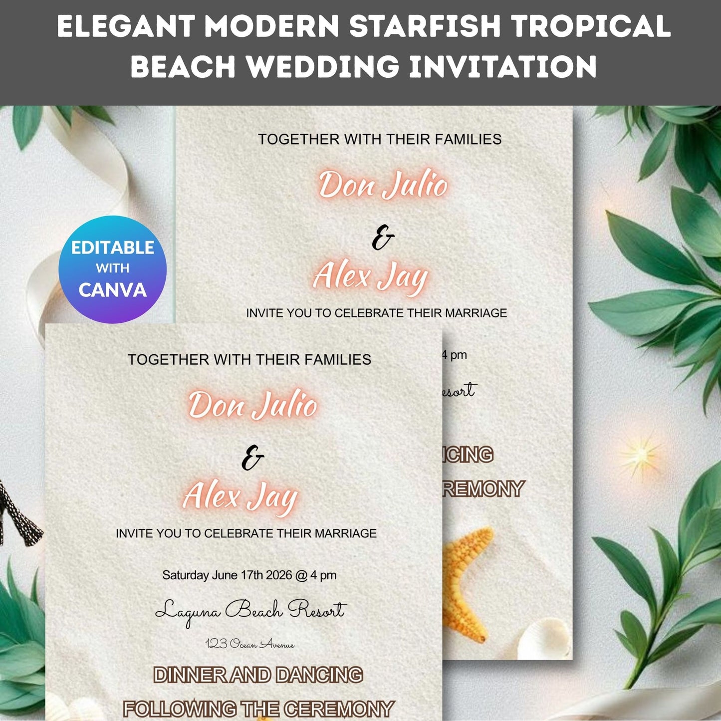 Tropical Beach Wedding Invitation – Elegant Starfish Editable Canva Template | Digital Download
