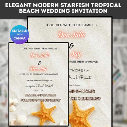 Tropical Beach Wedding Invitation – Elegant Starfish Editable Canva Template | Digital Download