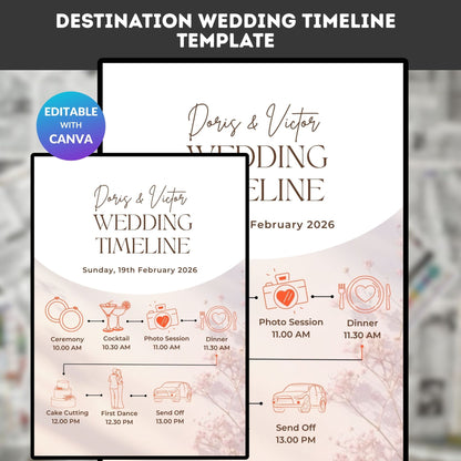 Destination Wedding Timeline Template – Editable Itinerary Card, Canva PDF | Instant Download