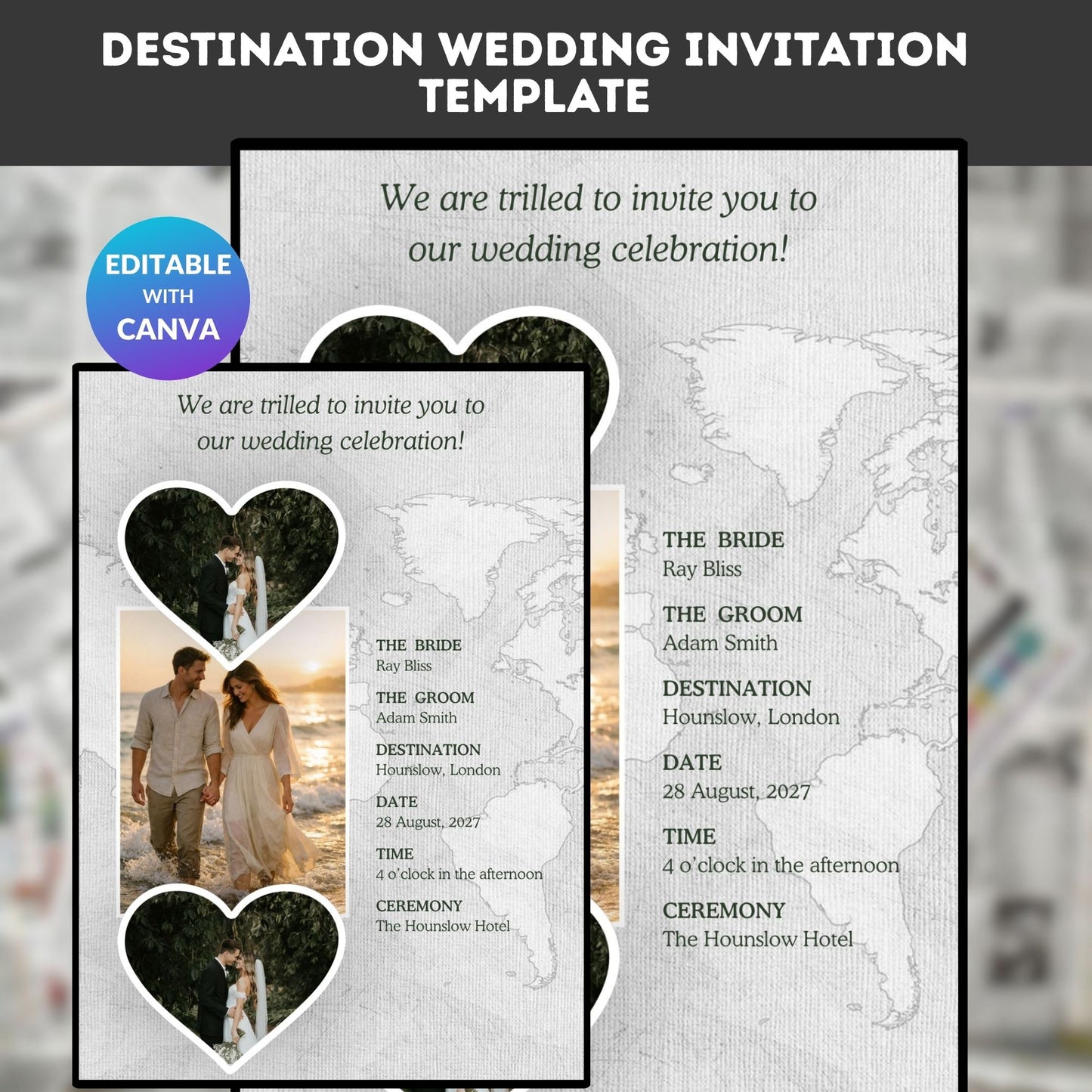 Destination Wedding Invitation Template – Editable Canva Design, Tropical Beach Theme | Digital Download