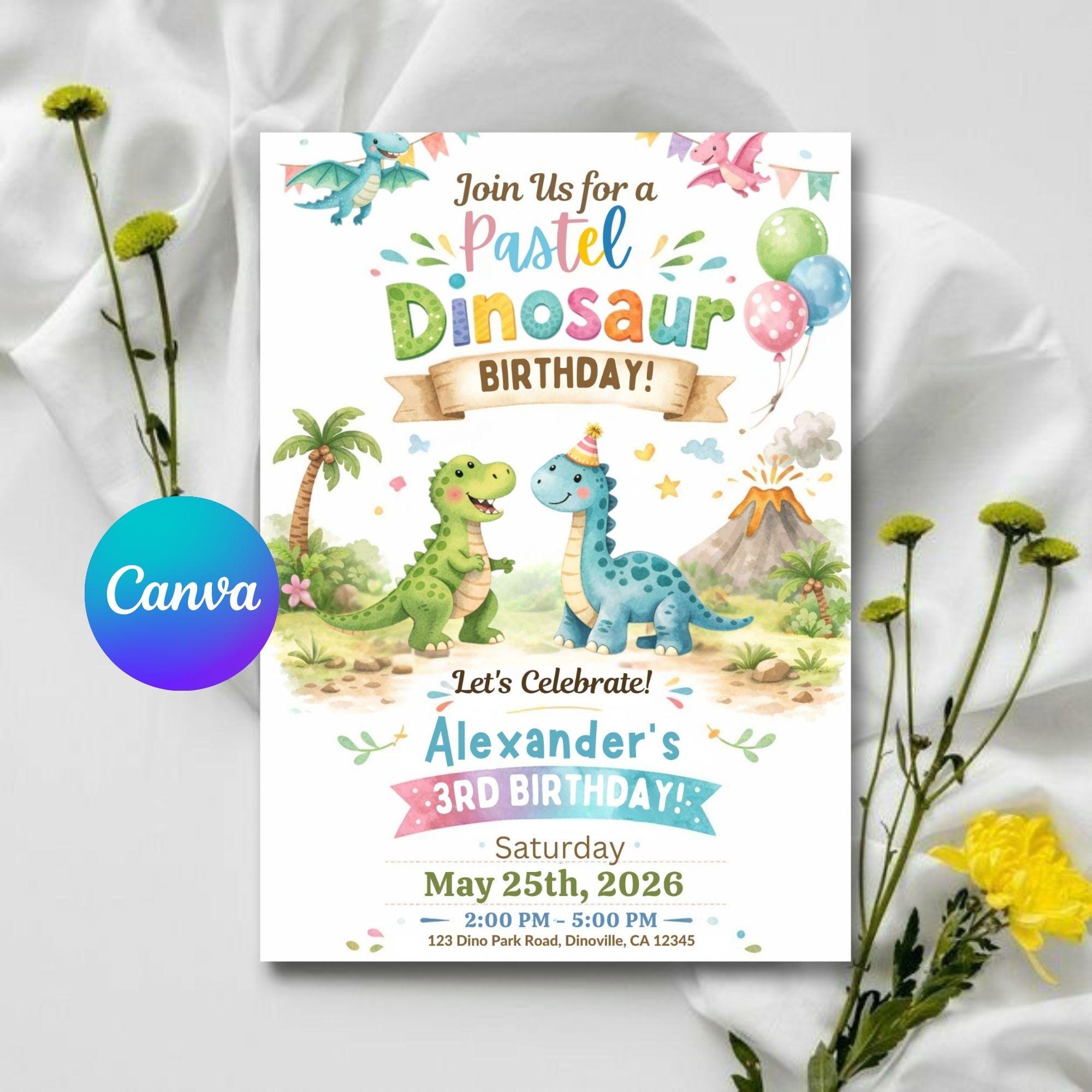 Dinosaur Birthday Invitation: Soft Pastel Colors - Editable Template