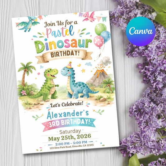 Pastel Dinosaur Birthday Invitation