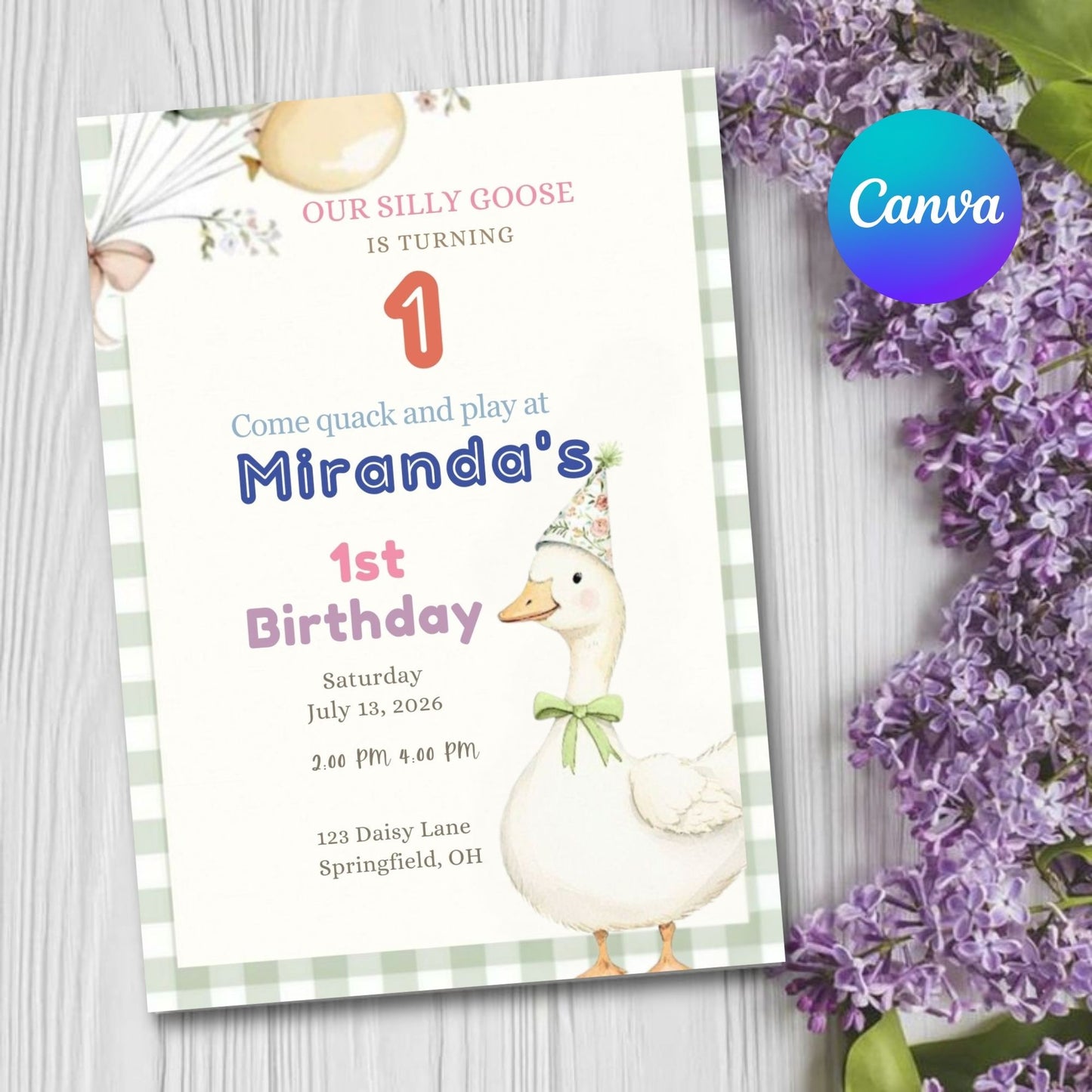 Gingham Silly Goose Birthday Invitation