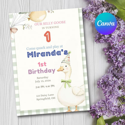 Gingham Silly Goose Birthday Invitation