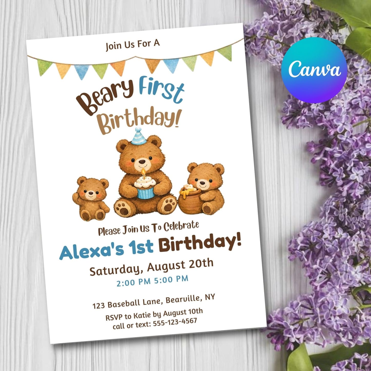 Editable Beary First Birthday Invitation