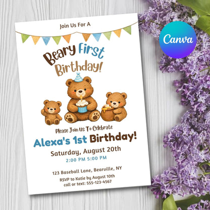 Editable Beary First Birthday Invitation