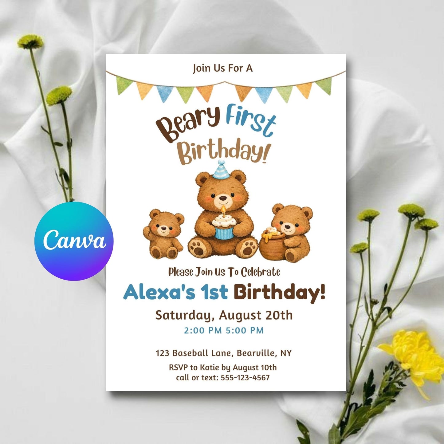 Editable Beary First Birthday Invitation