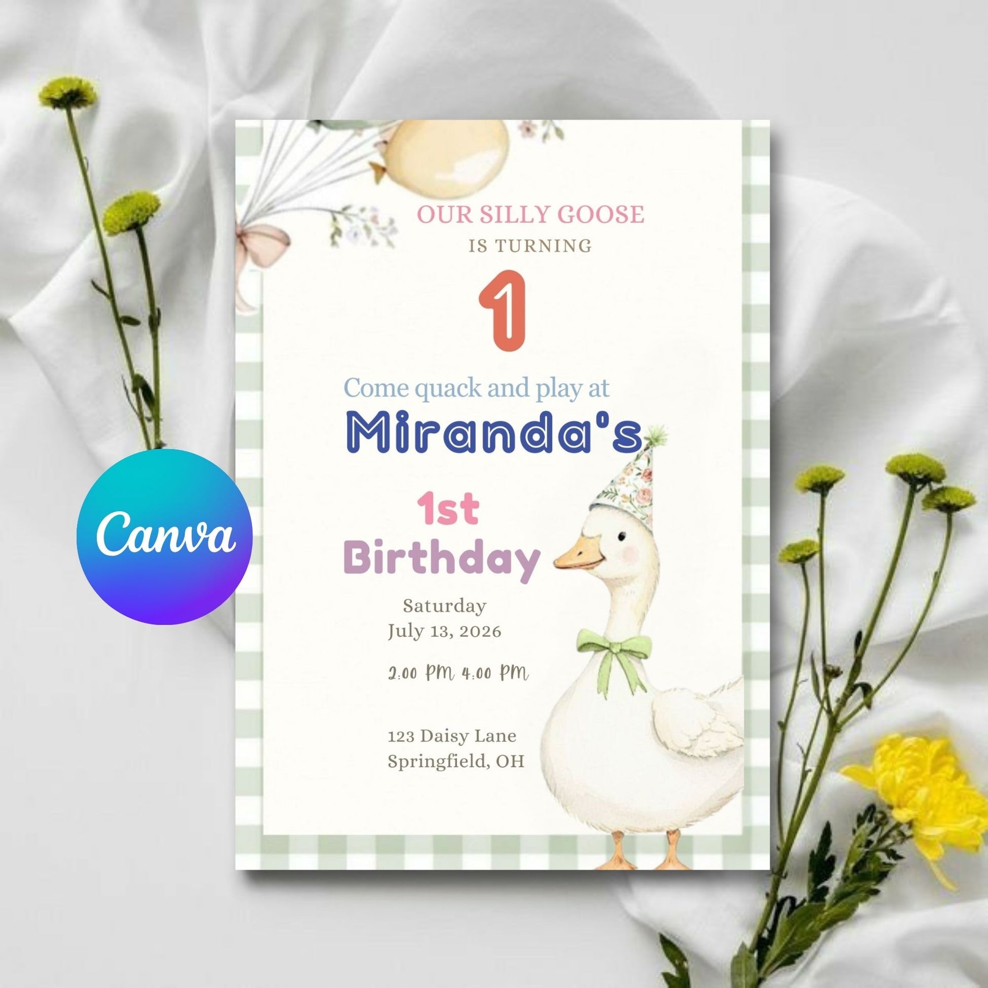 Gingham Silly Goose Birthday Invitation