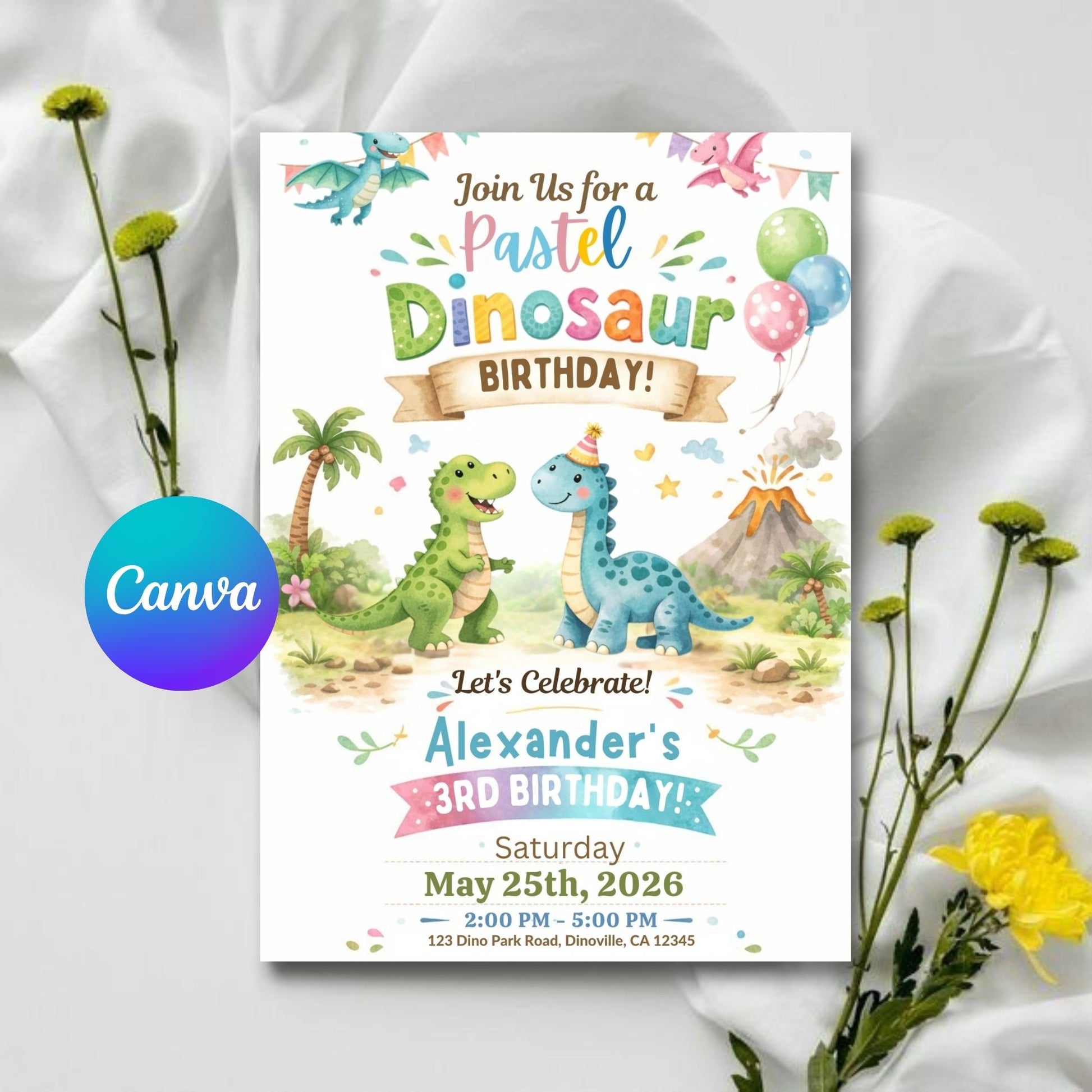 Pastel Dinosaur Birthday Invitation