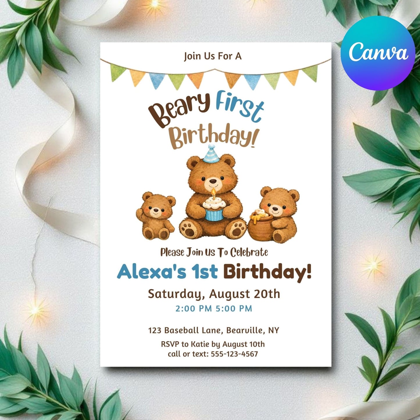 Editable Beary First Birthday Invitation