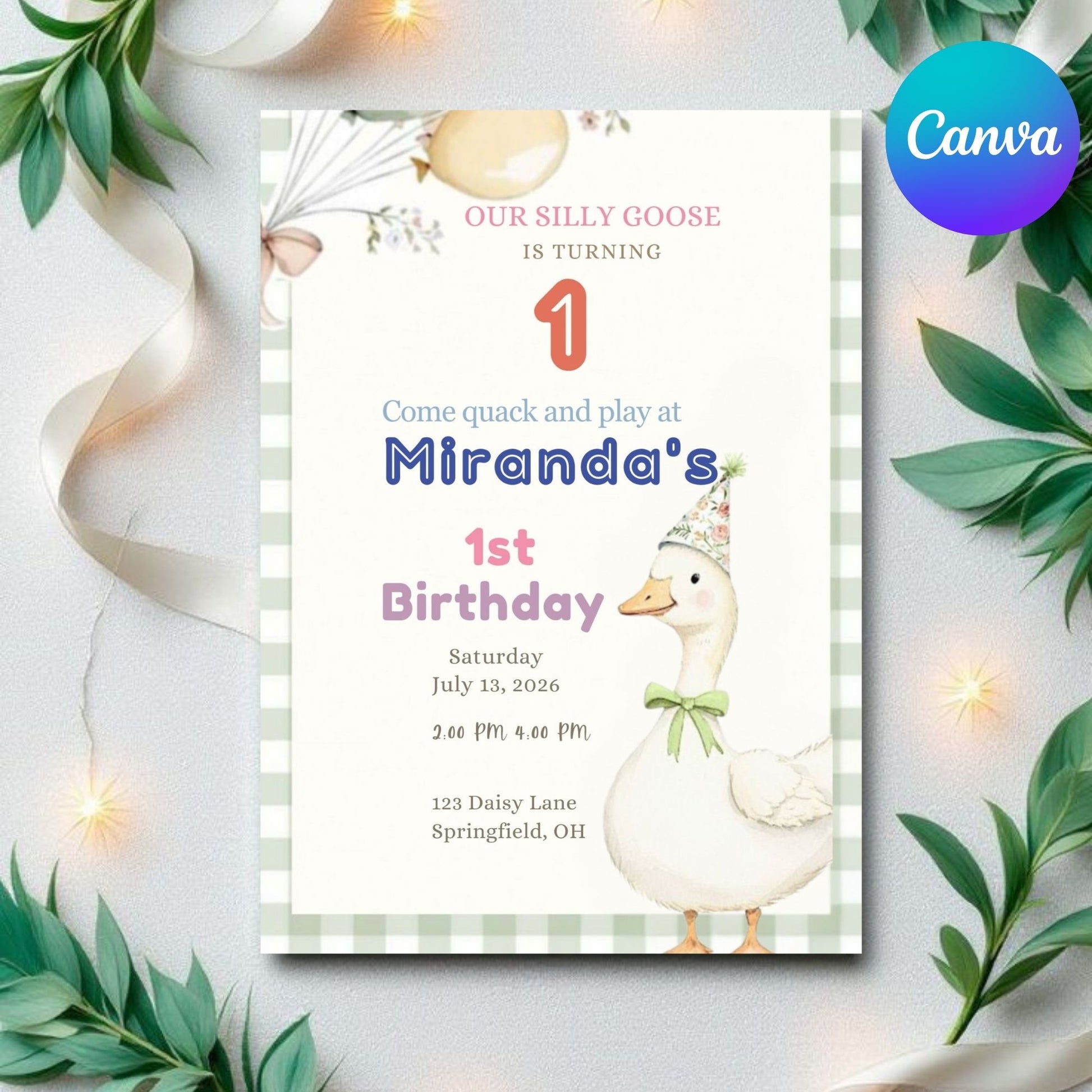 Gingham Silly Goose Birthday Invitation