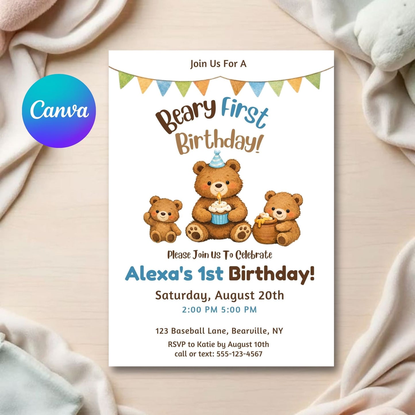 Editable Beary First Birthday Invitation