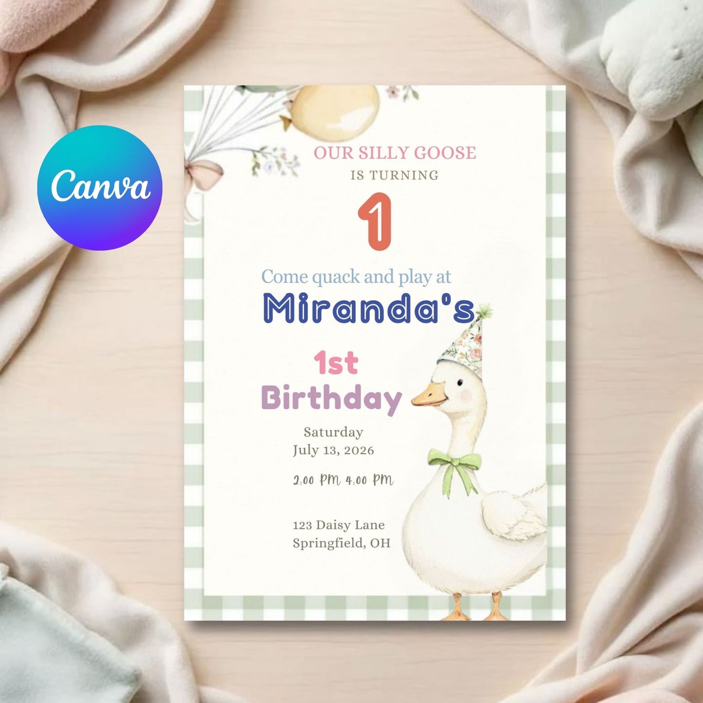 Gingham Silly Goose Birthday Invitation