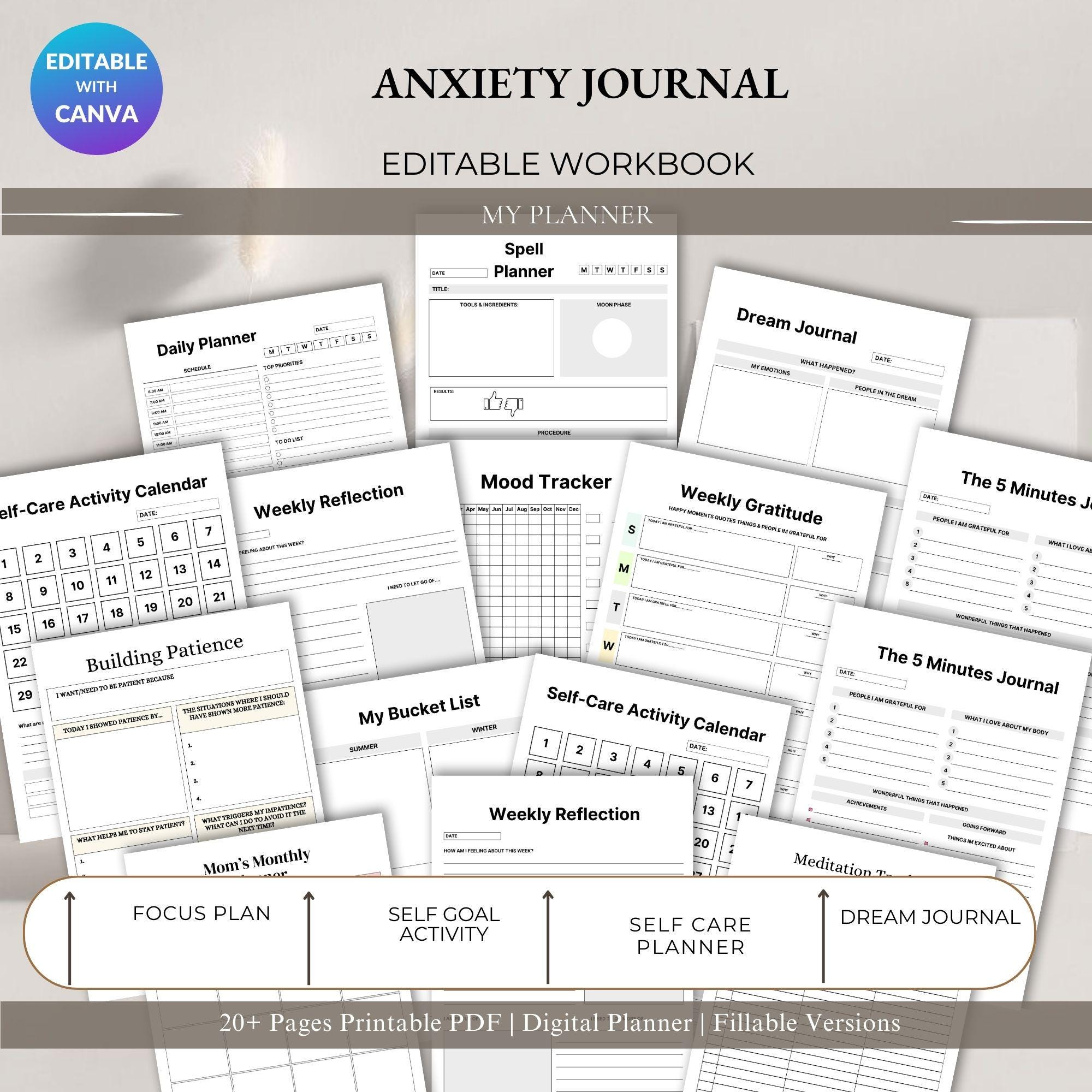 Anxiety Journal Workbook – Mood Logs & Self-Care Planner (Printable PDF)