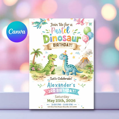 Pastel Dinosaur Birthday Invitation