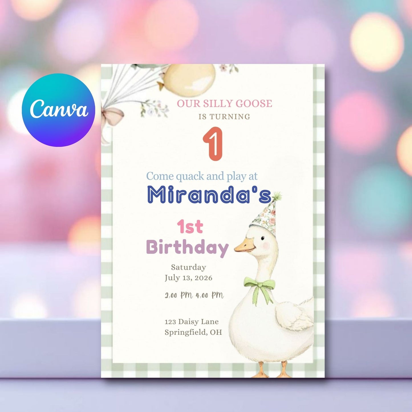 Gingham Silly Goose Birthday Invitation