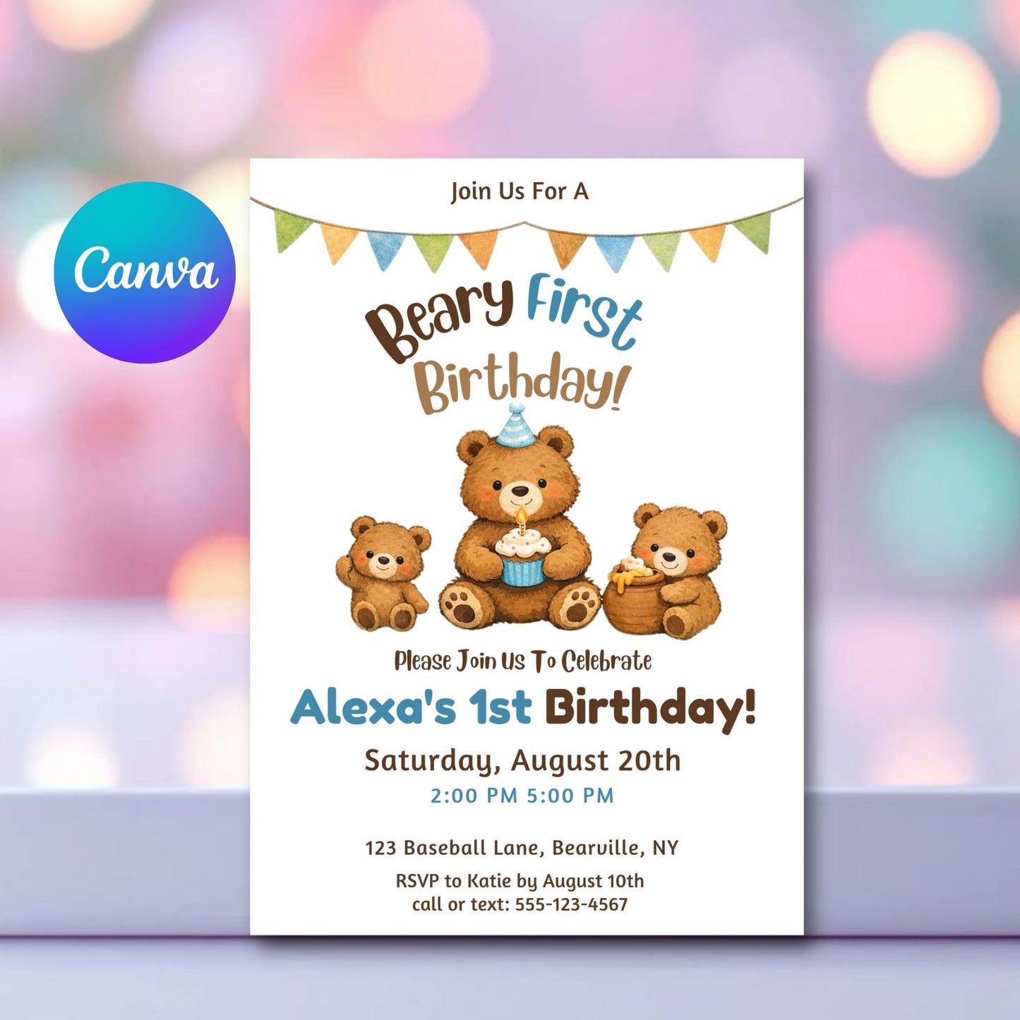 Editable Beary First Birthday Invitation