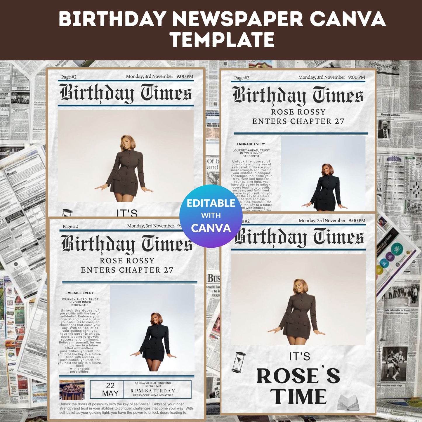 Birthday Newspaper Canva Template – Editable Newspaper-Style Birthday Invitation | Digital Download