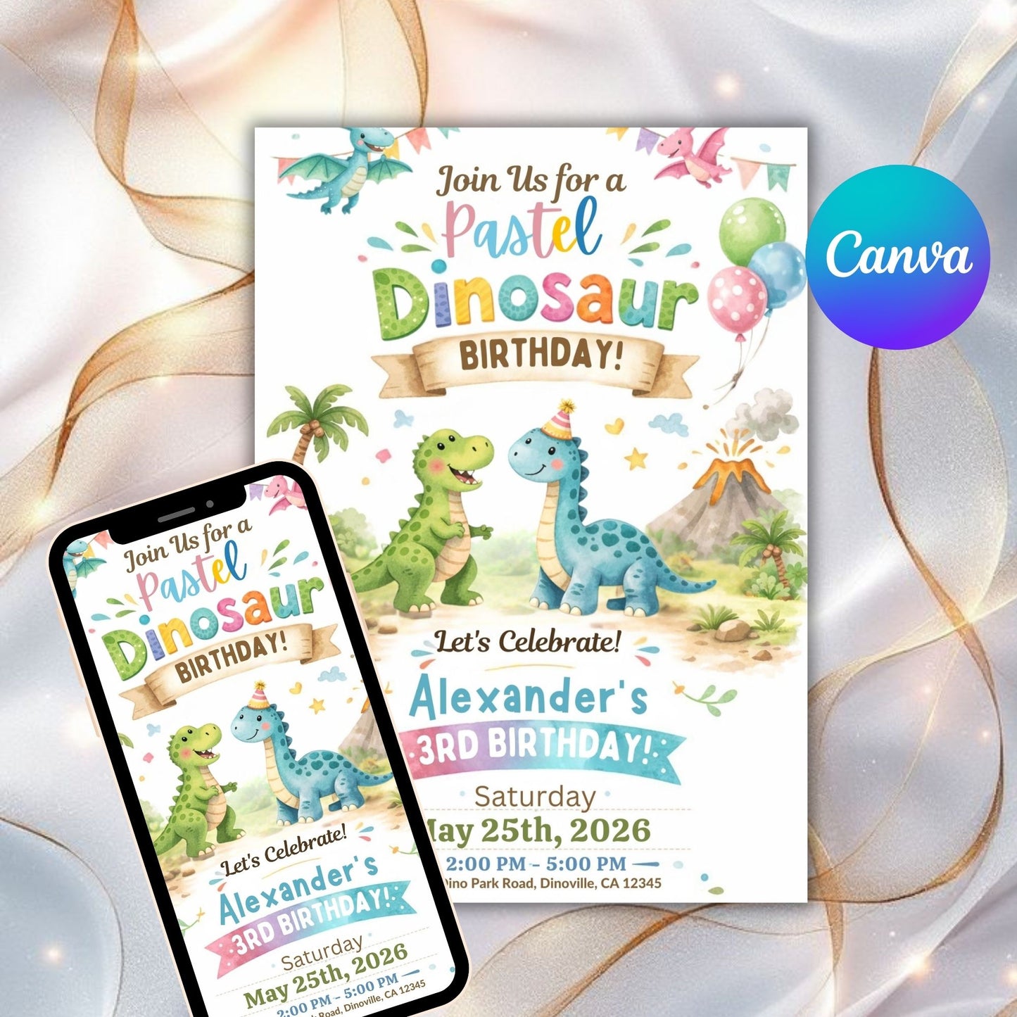 Pastel Dinosaur Birthday Invitation