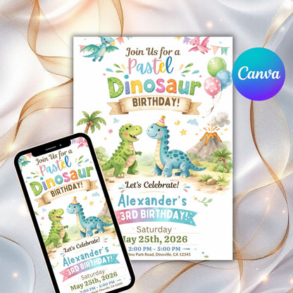 Pastel Dinosaur Birthday Invitation