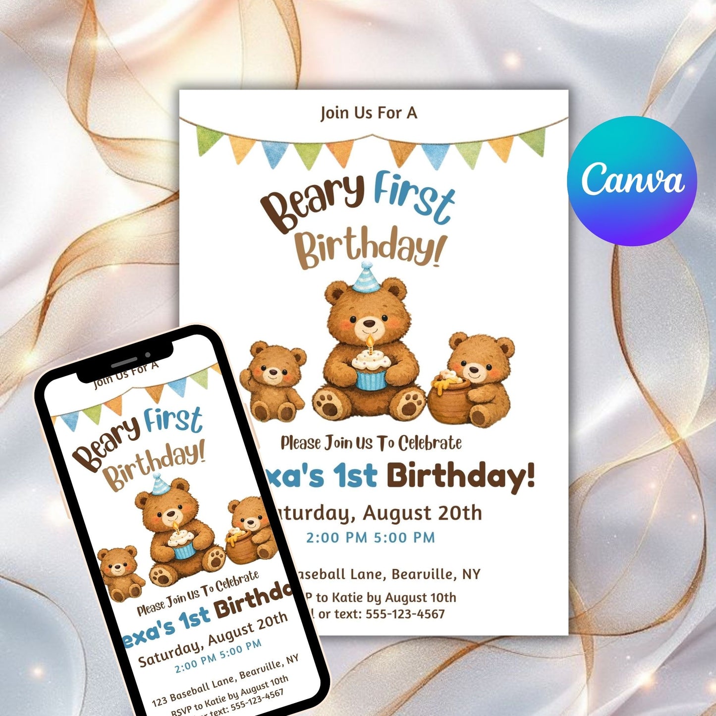 Editable Beary First Birthday Invitation