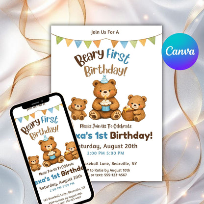 Editable Beary First Birthday Invitation