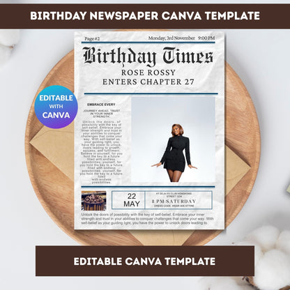 Birthday Newspaper Canva Template – Editable Newspaper-Style Birthday Invitation | Digital Download