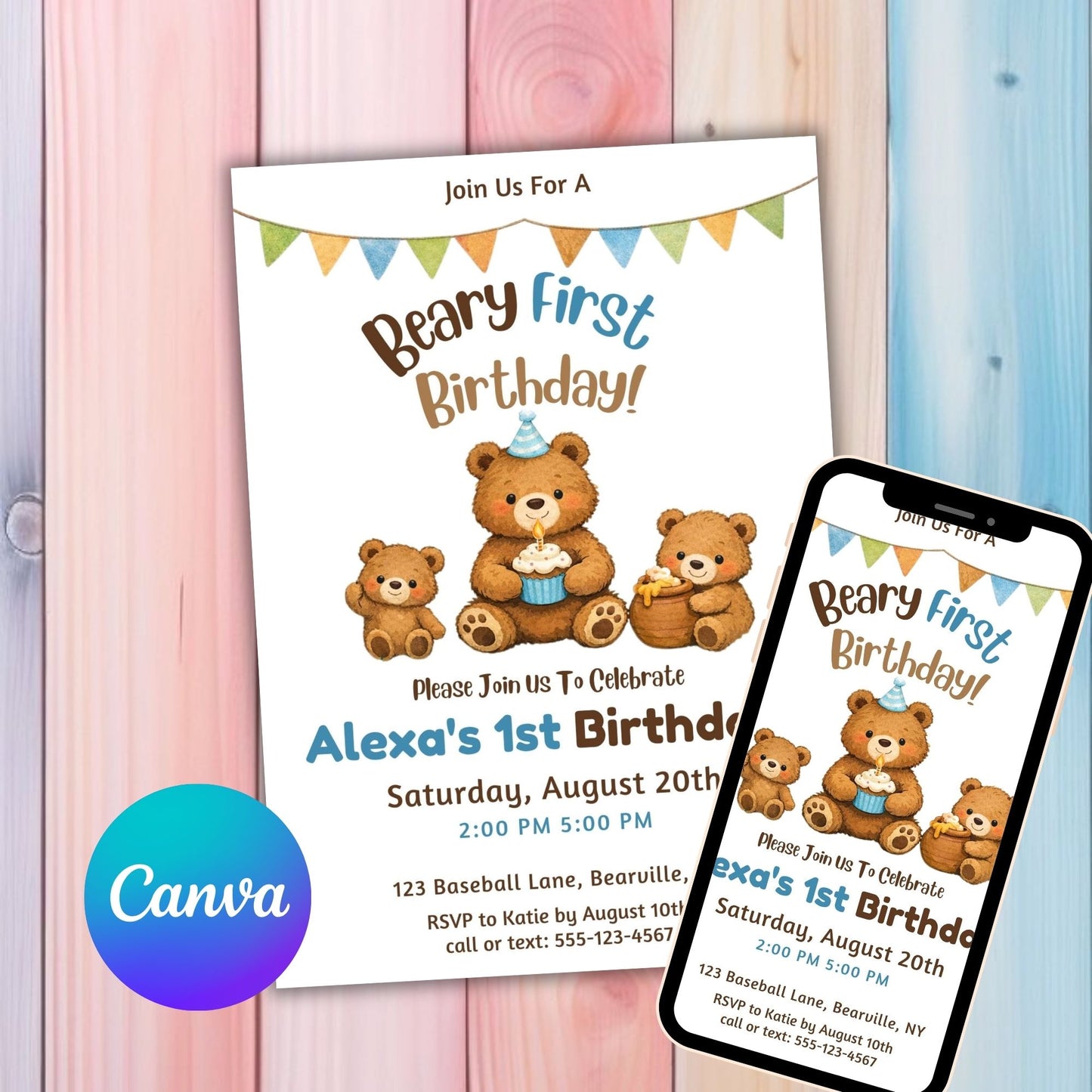 Editable Beary First Birthday Invitation