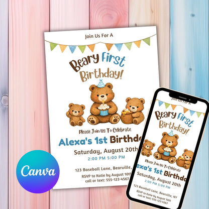 Editable Beary First Birthday Invitation