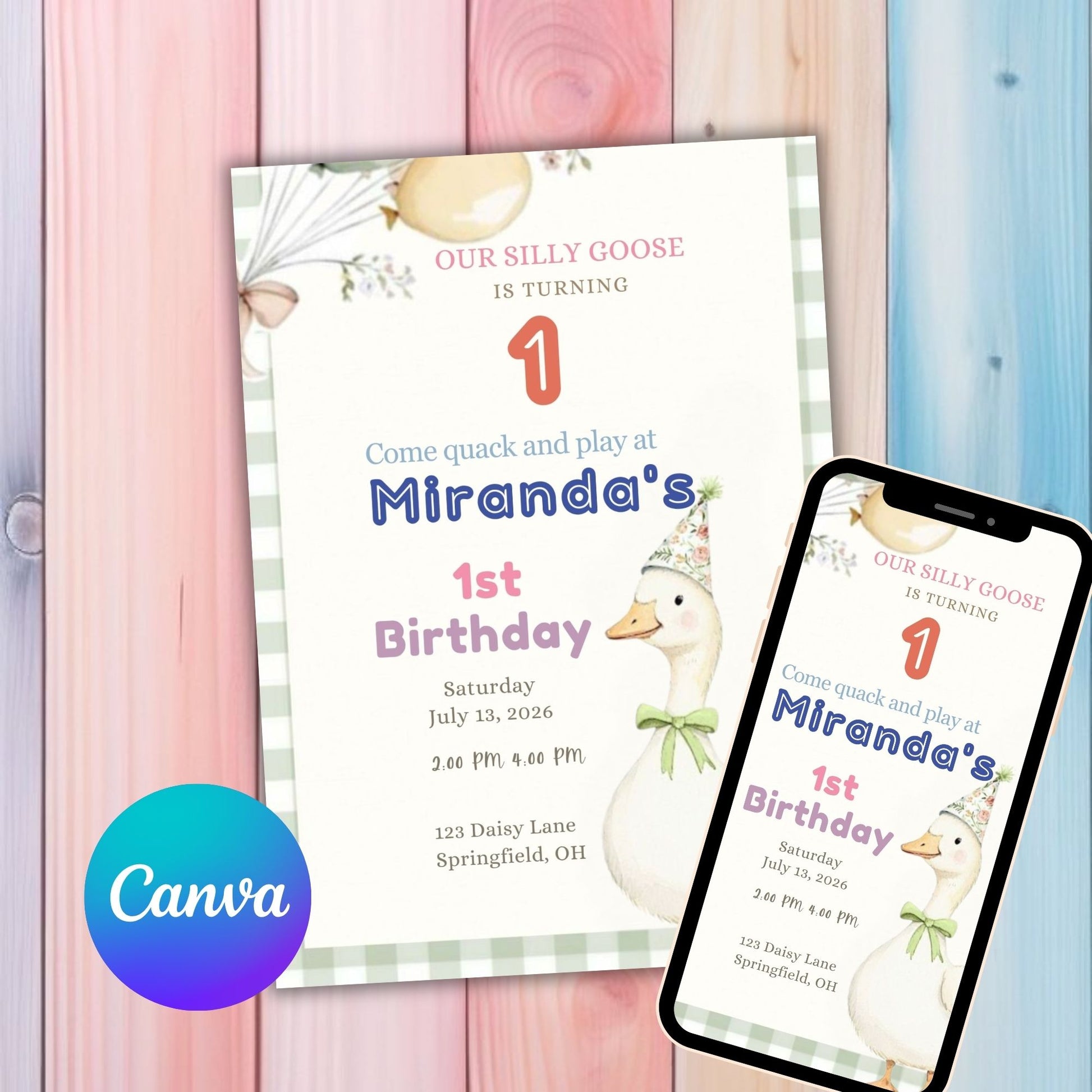 Gingham Silly Goose Birthday Invitation
