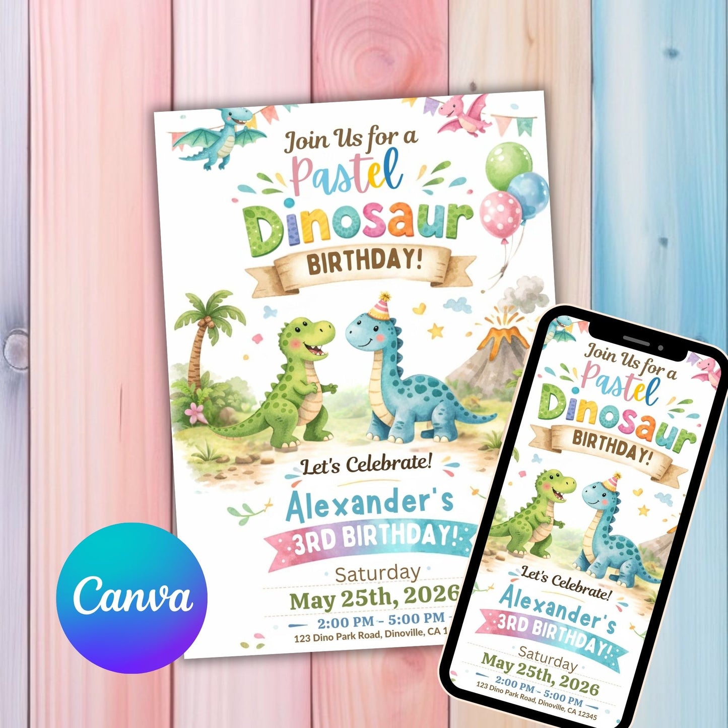 Pastel Dinosaur Birthday Invitation