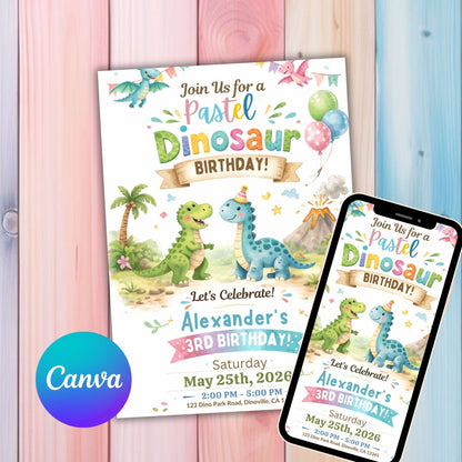 Pastel Dinosaur Birthday Invitation