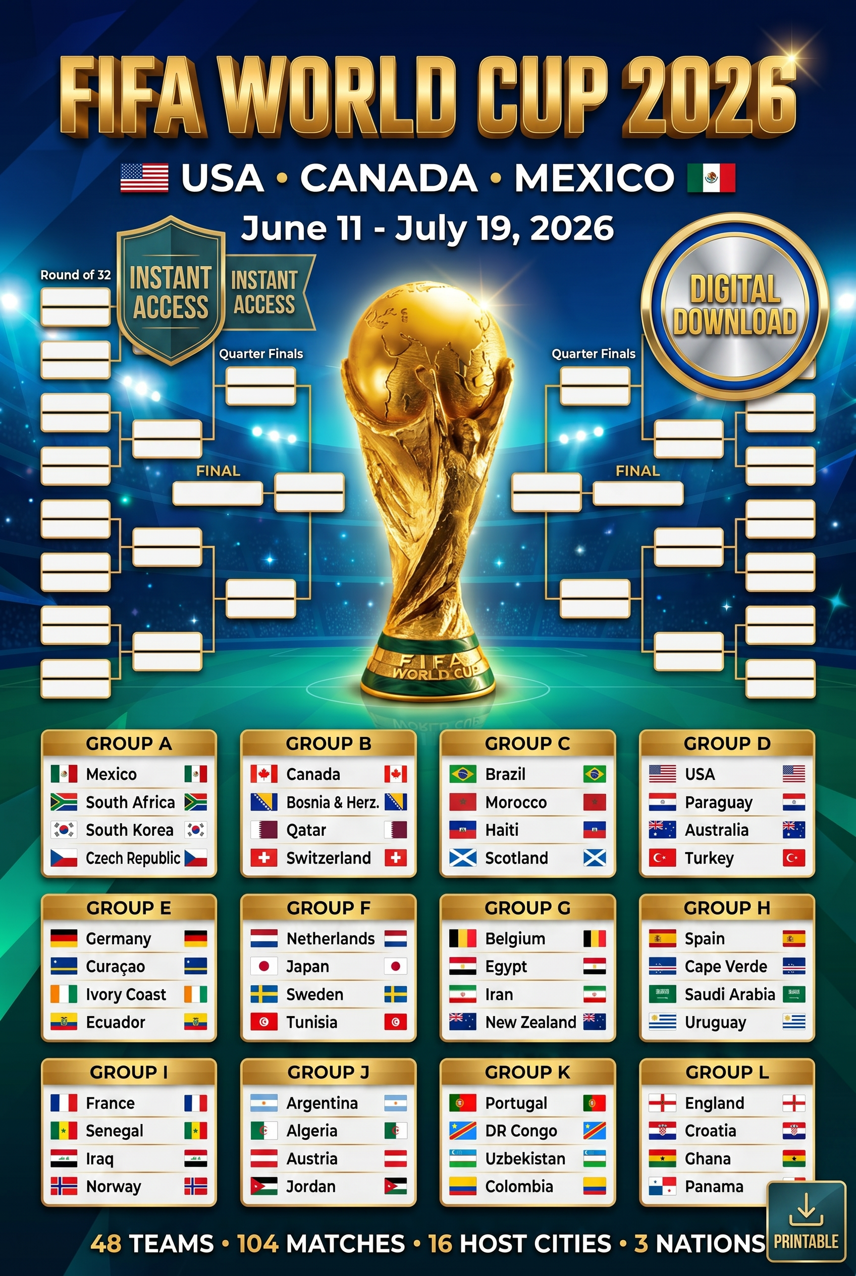 FIFA World Cup 2026 Watercolor Poster | Artistic Printable Tournament Bracket