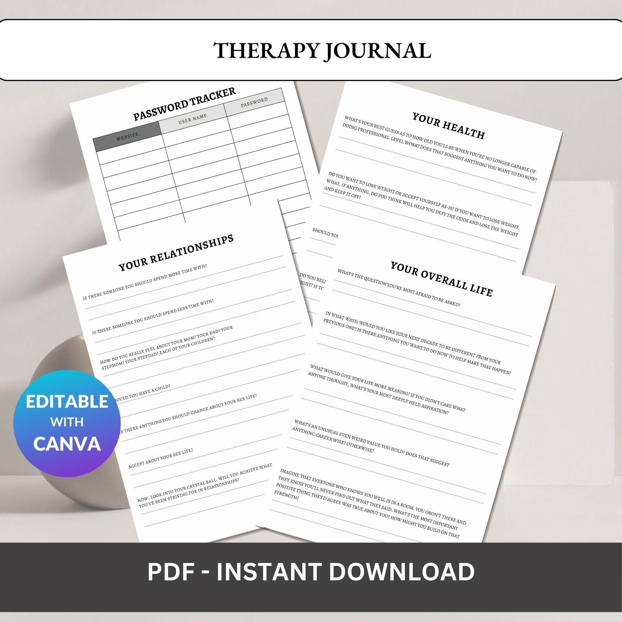 Mental Health Workbook – Therapy Journal with Mood Tracker (Printable PDF)