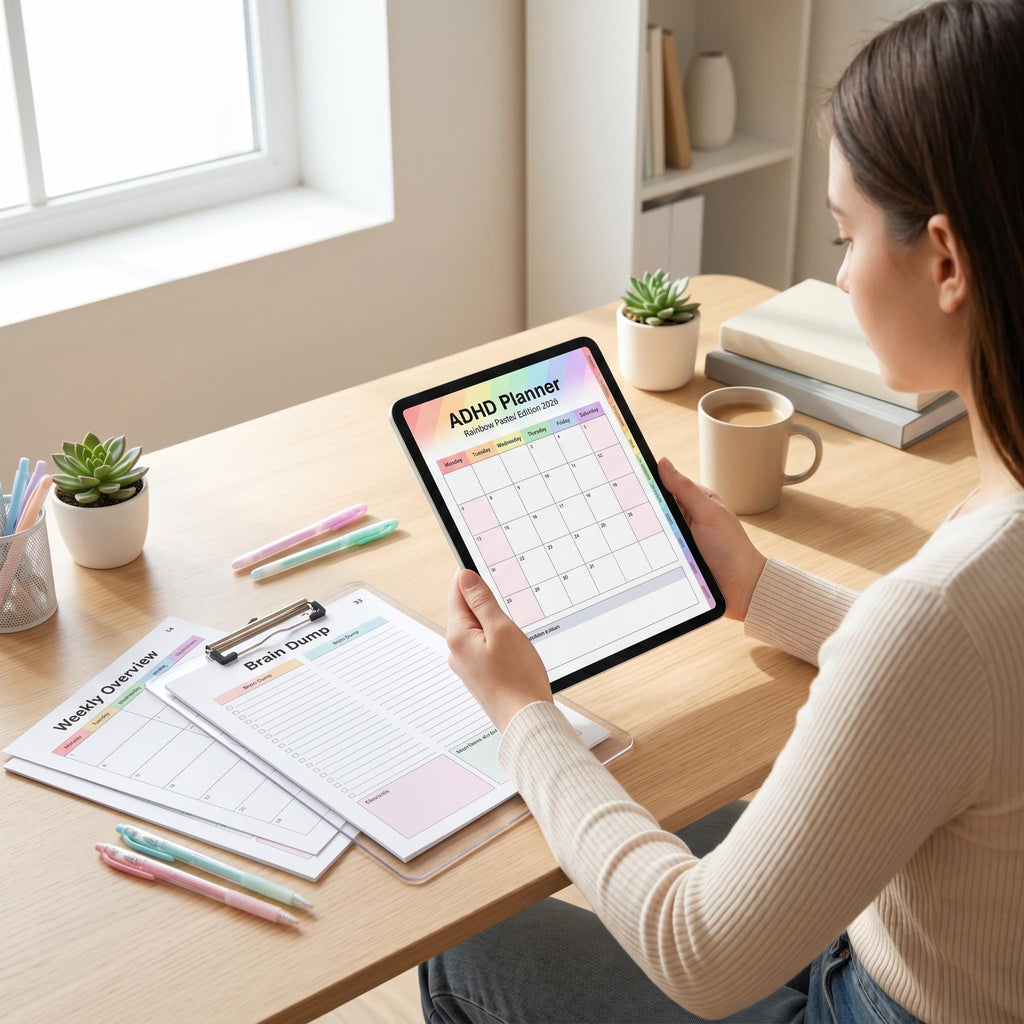 ADHD Digital Planner 2026 – Rainbow Pastel, Time Blocked