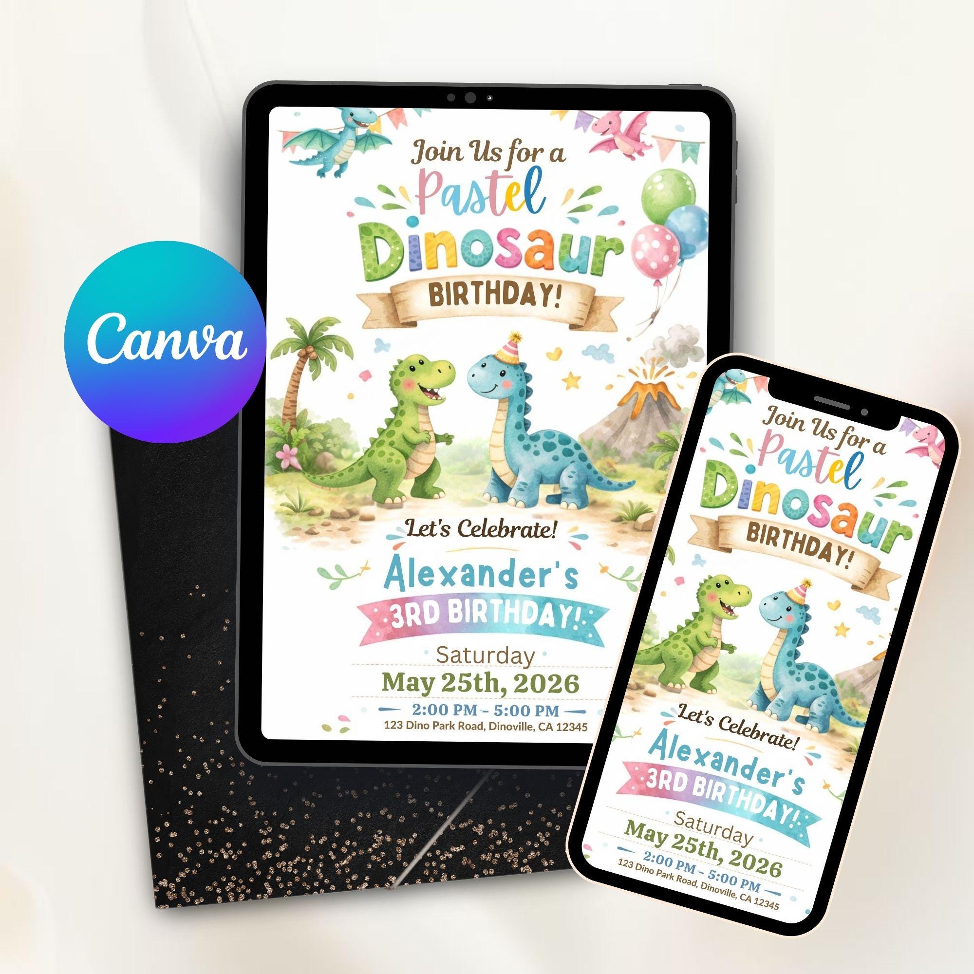 Dinosaur Birthday Invitation: Soft Pastel Colors - Editable Template