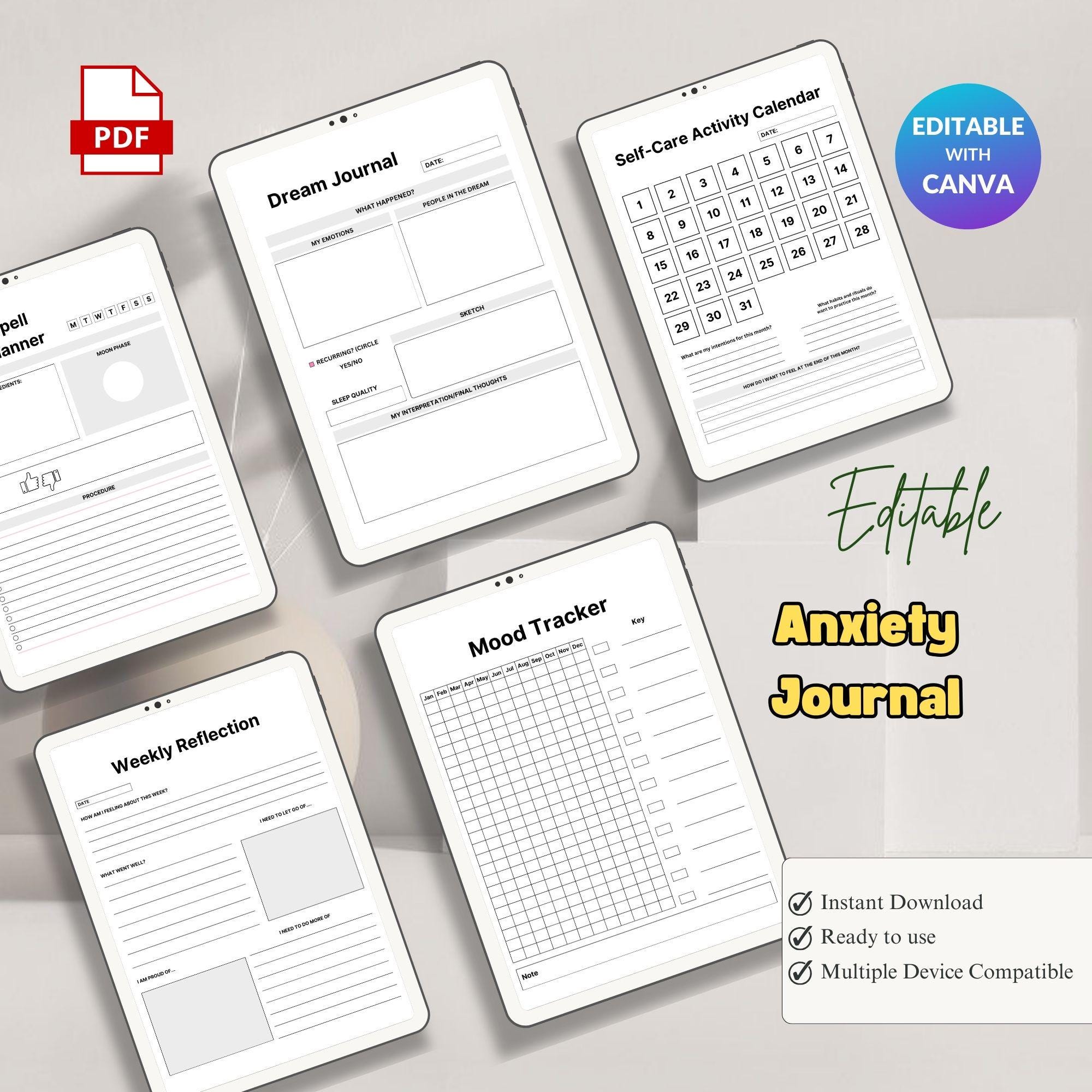 Anxiety Journal Workbook – Mood Logs & Self-Care Planner (Printable PDF)