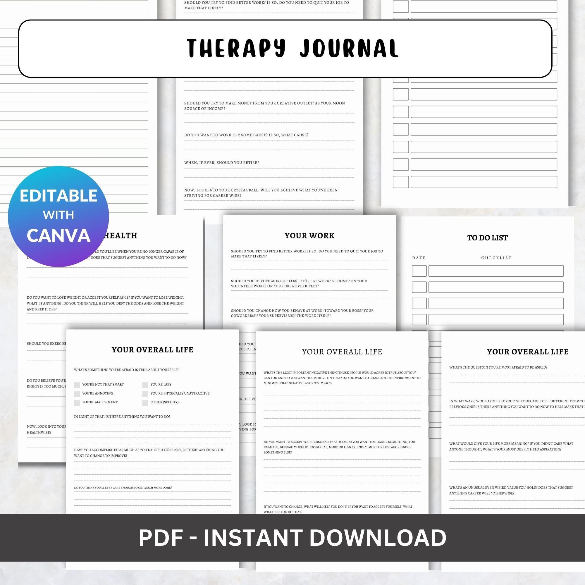 Mental Health Workbook – Therapy Journal with Mood Tracker (Printable PDF)