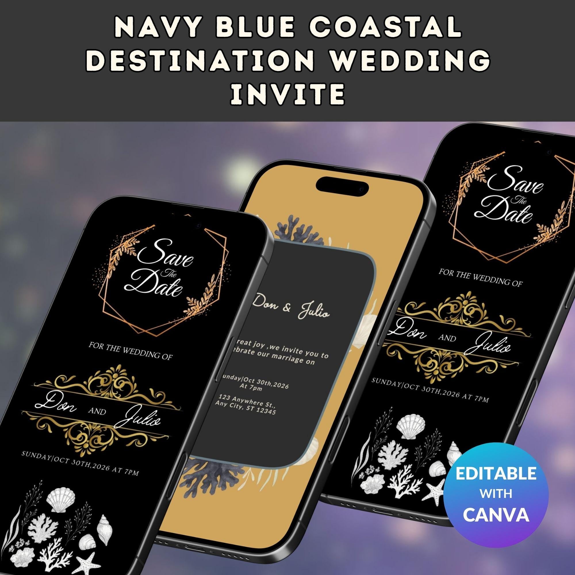 Coastal Wedding Invitation – Navy Blue Seaside Design (Editable)