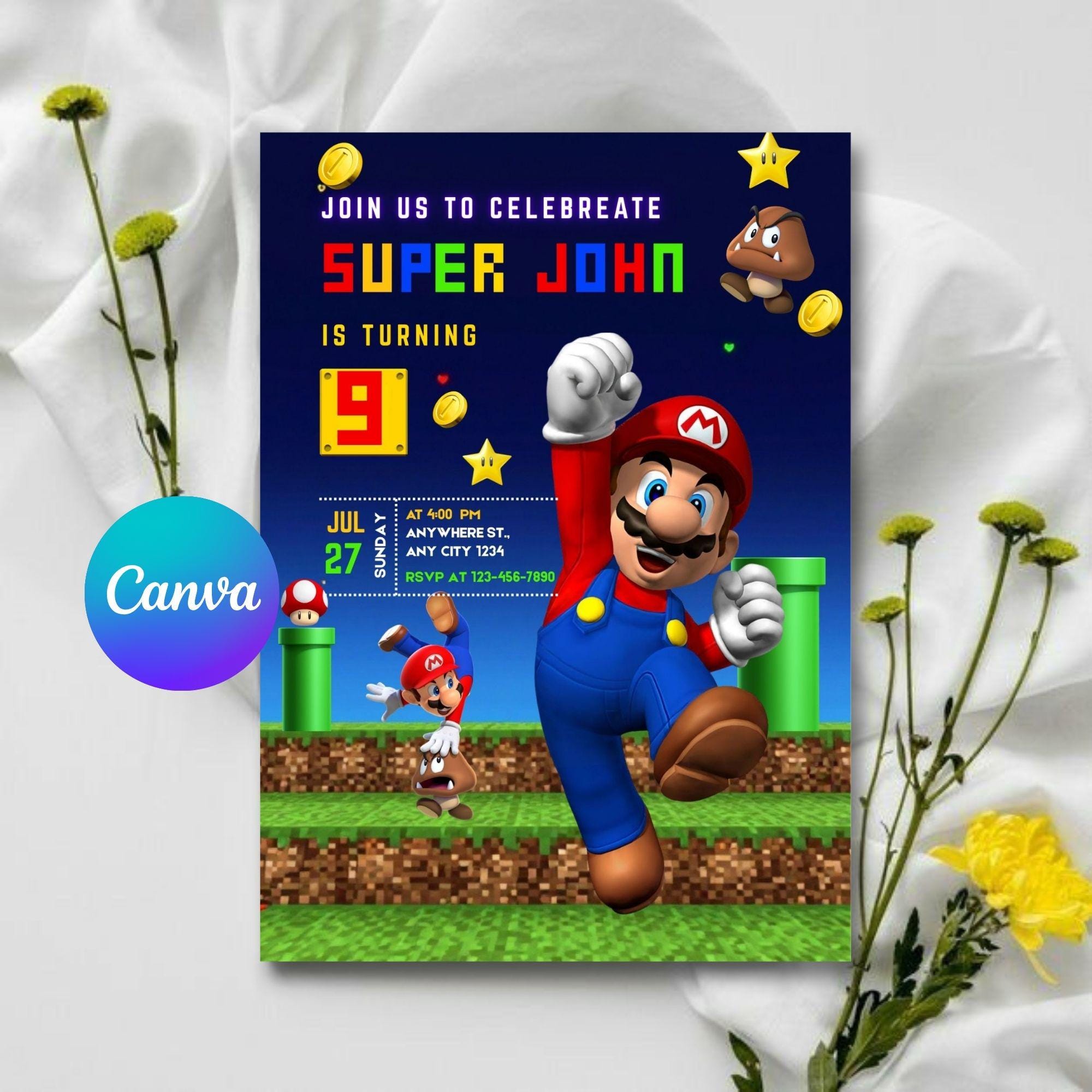 Birthday Invitation Template: Super Mario Theme - Editable Digital Download