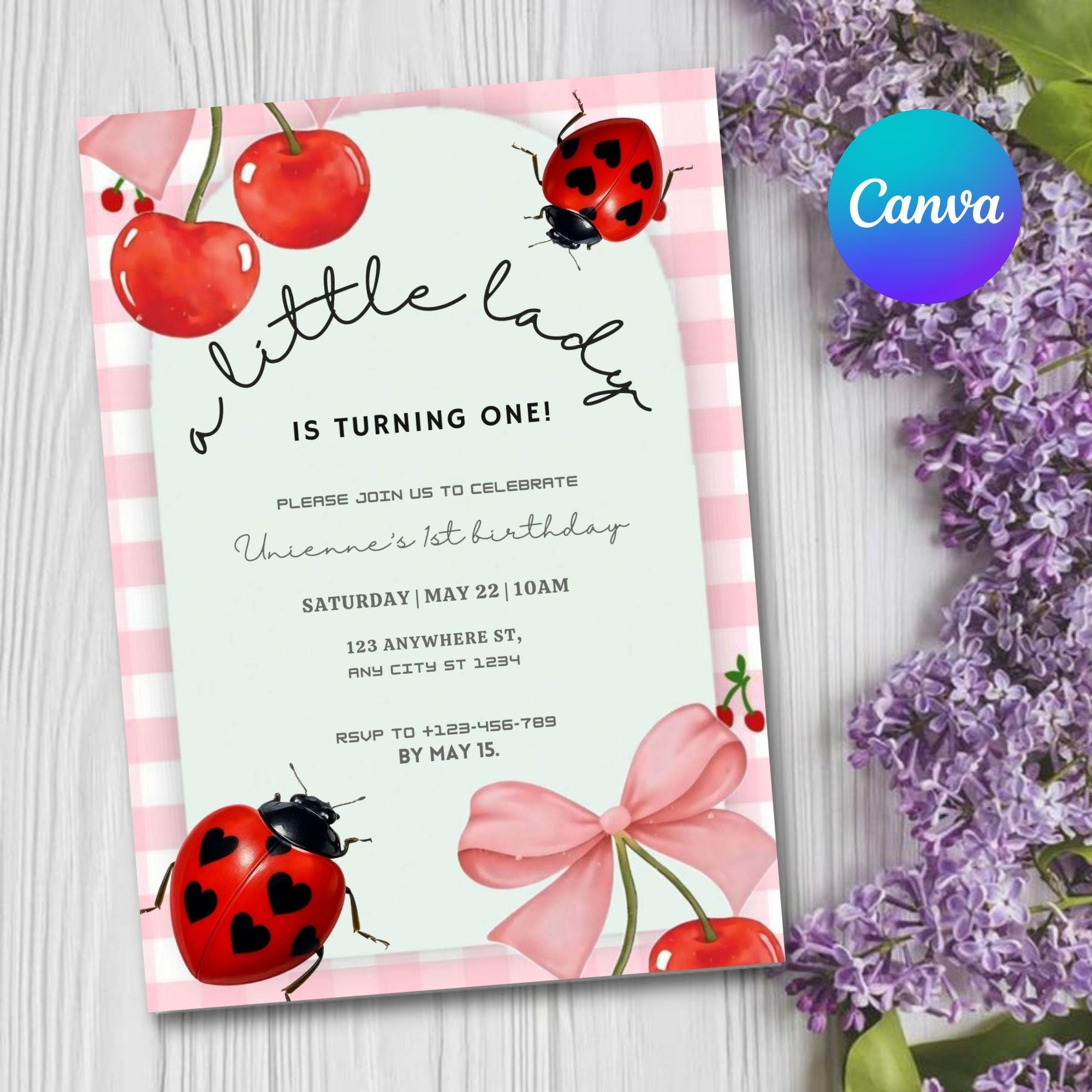 First Birthday Invitation – Ladybug Theme Red & Black (Editable)