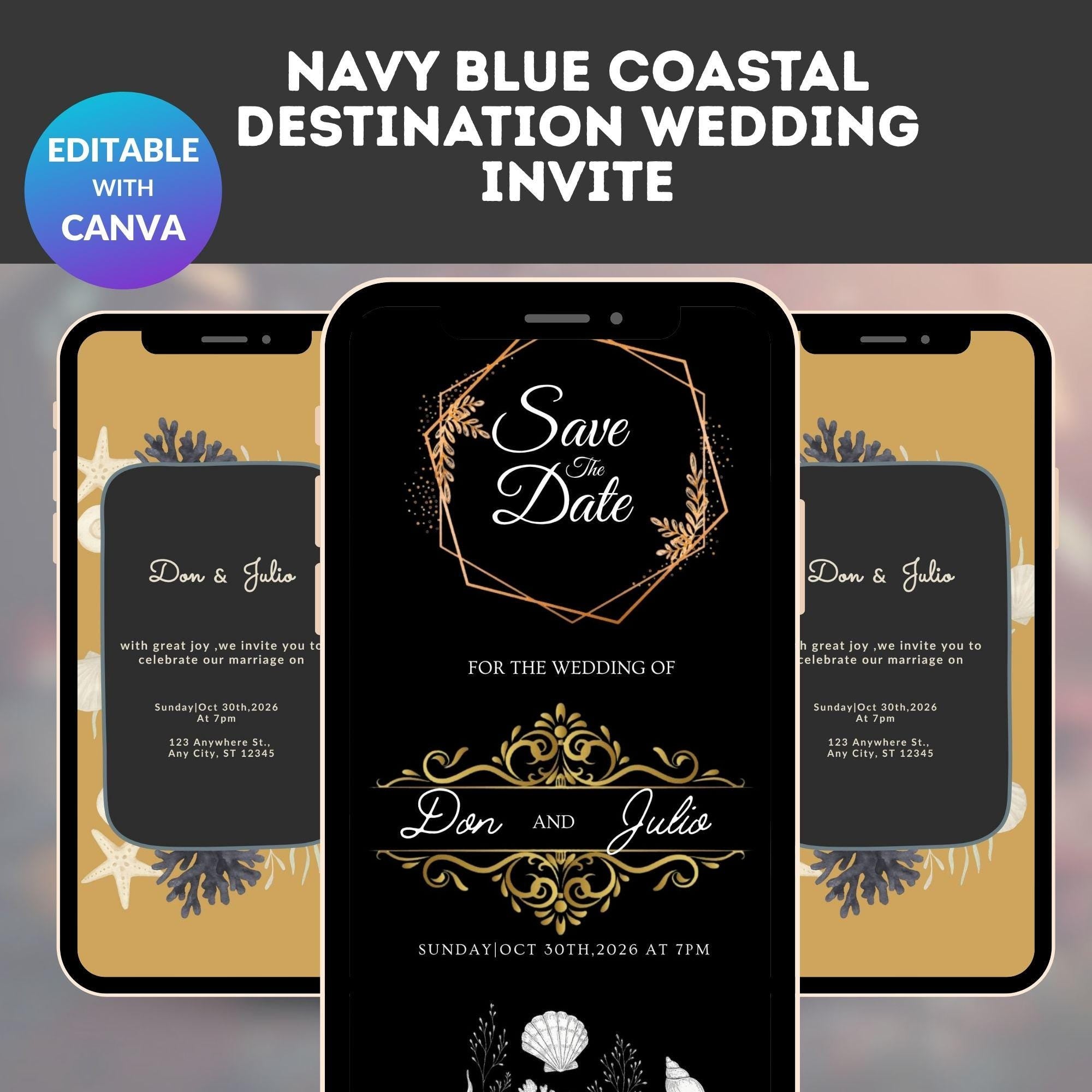 Coastal Wedding Invitation – Navy Blue Seaside Design (Editable)