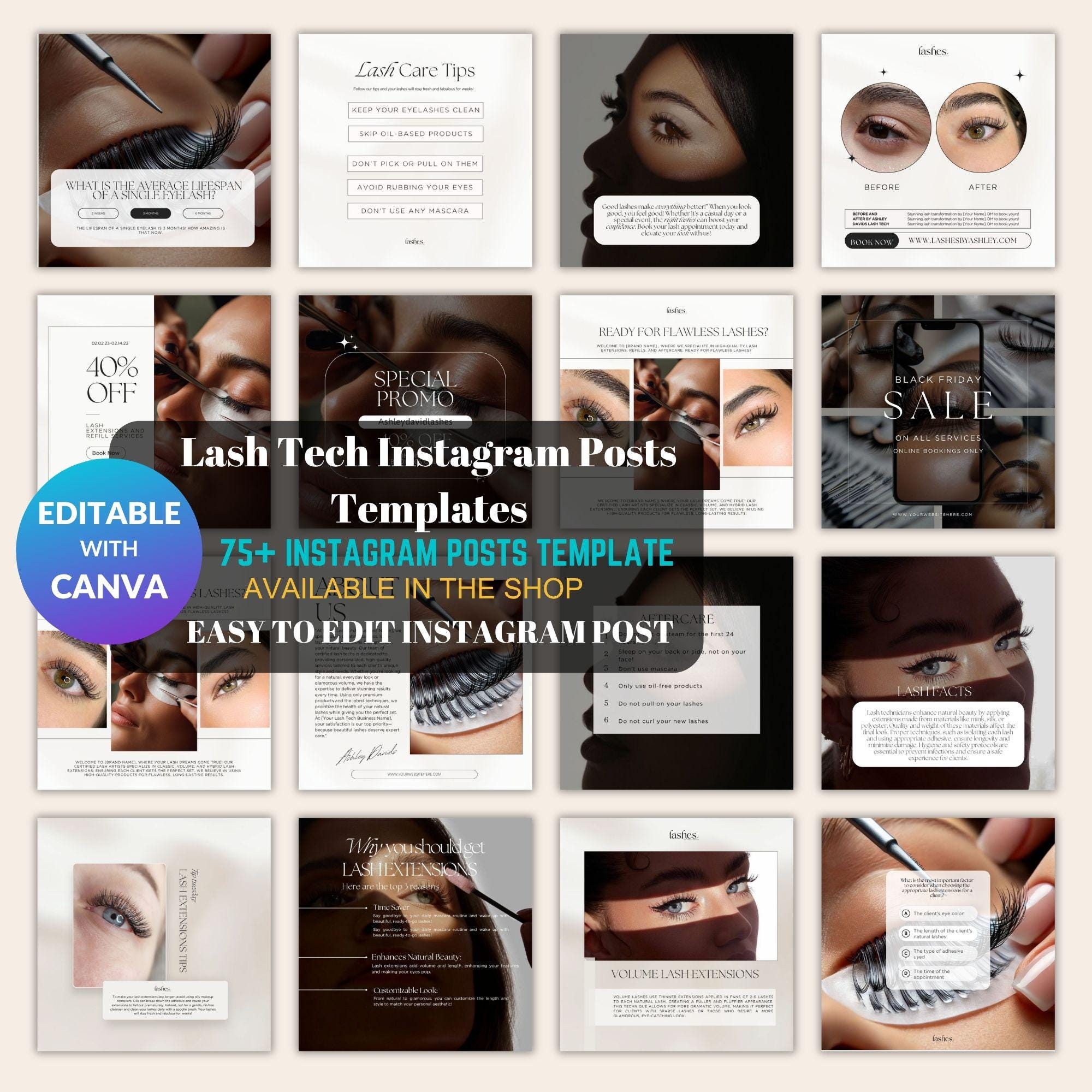 Lash Artist Instagram Templates – Editable Canva Social Media Bundle