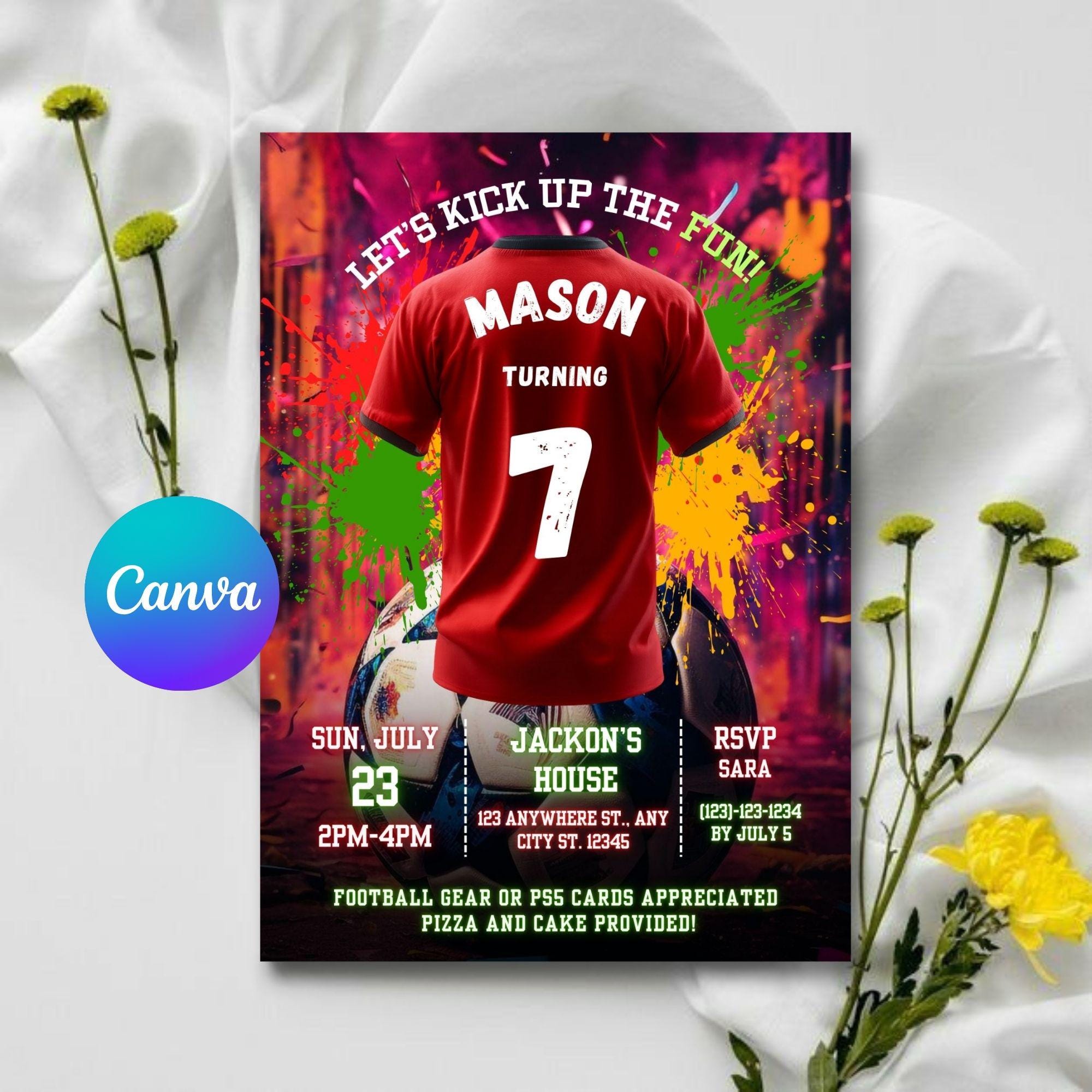 Personalized Soccer Birthday Invitation: Vibrant Red Football Theme (Digital Template)