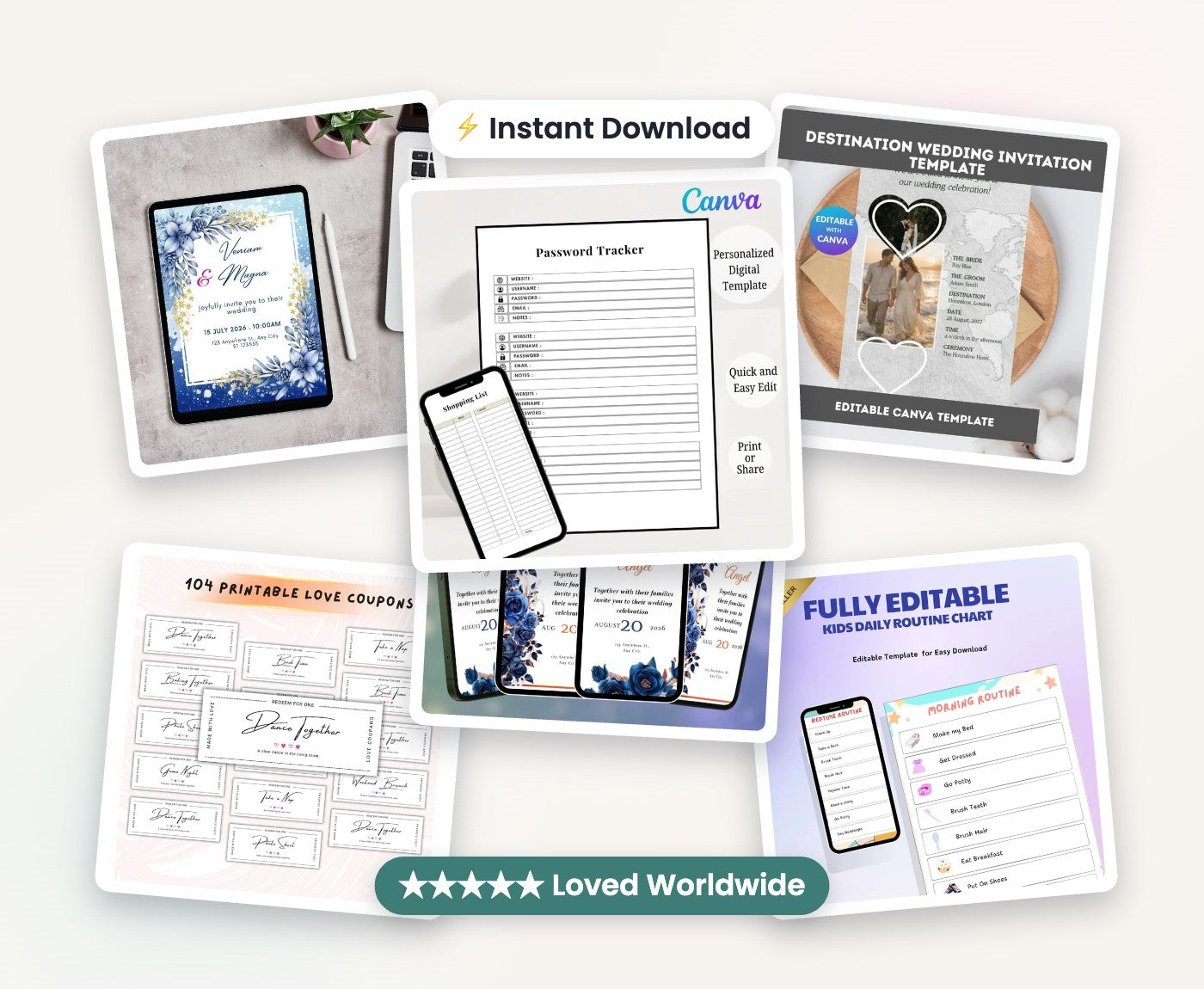 FlowWork Studio printable planners and wedding invitations collage